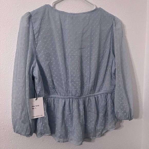 Japna Long Sleeve Sheer V-neck Lace Detailing Tie Light Blue NEW Size Large - Picture 6 of 6